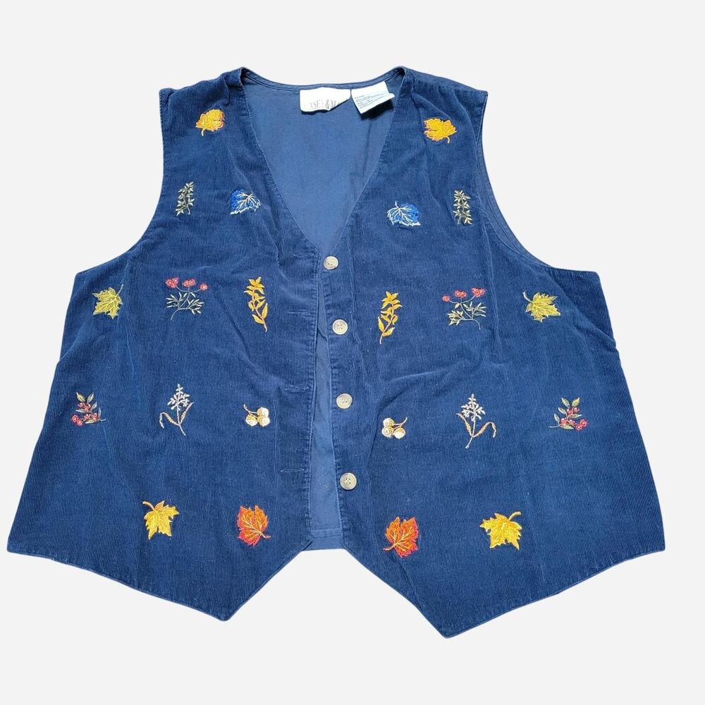 Vintage 90s Casey & Max Corduroy Vest Fall Embroidery Cottage Teacher Grandma